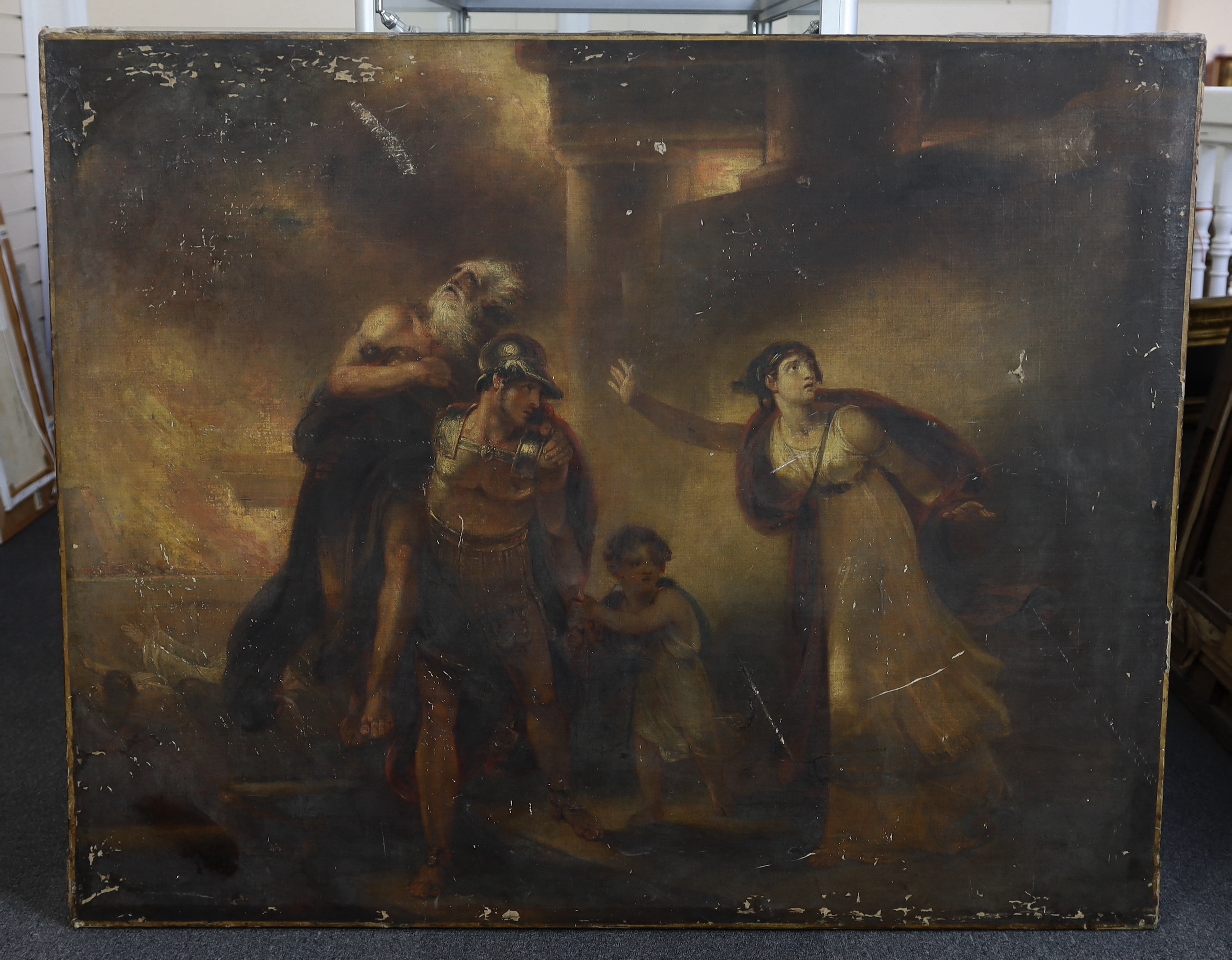 Attributed to Henry Howard RA (1769-1847), Aeneas and his family fleeing Troy, oil on canvas, 110 x 137cm